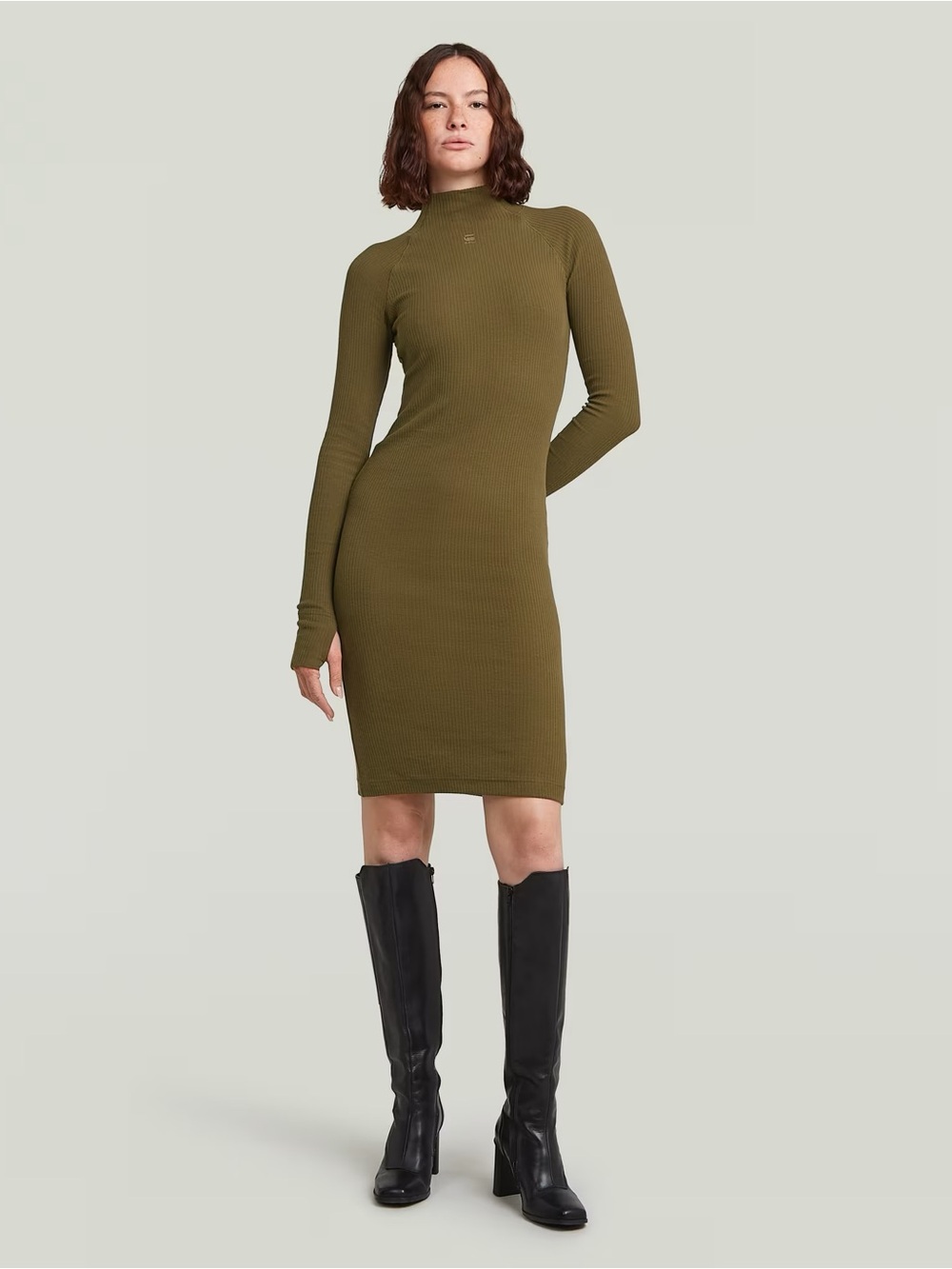 G-Star Raw Long Sleeve Ribbed Bodycon Dress in Olive Green